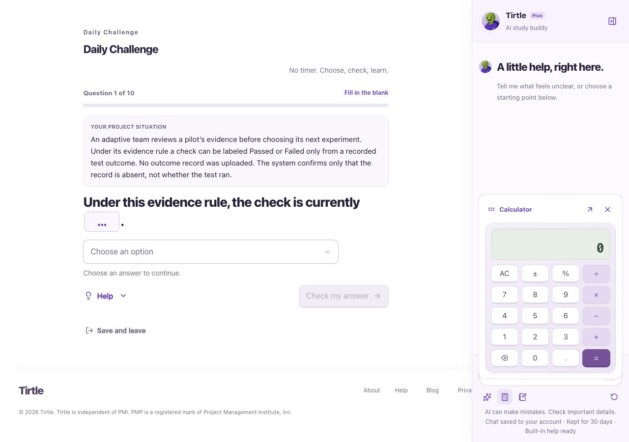Calculator tool open beside the current practice question and Study Buddy