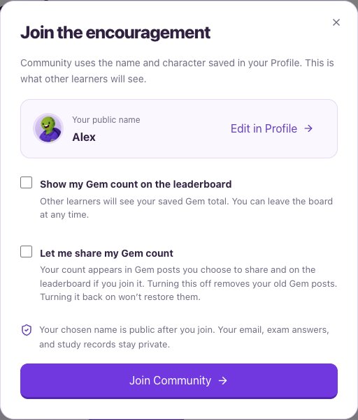 Community join dialog with public name and optional Gem and leaderboard controls