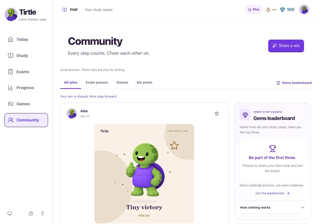 Community feed with an example mood post, post filters and the leaderboard card