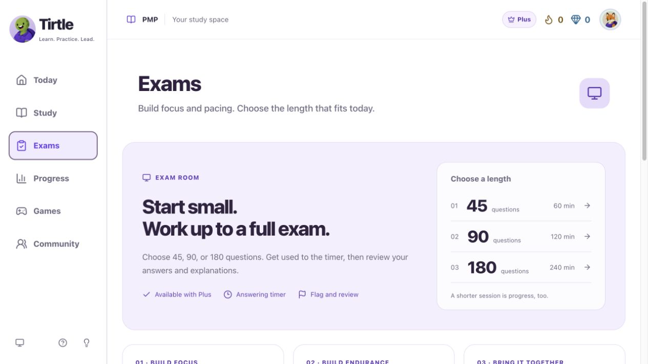 Exams with the available practice lengths and time limits