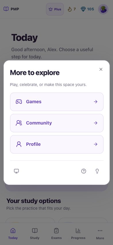 Mobile More panel showing Games, Community, Profile and utility icons