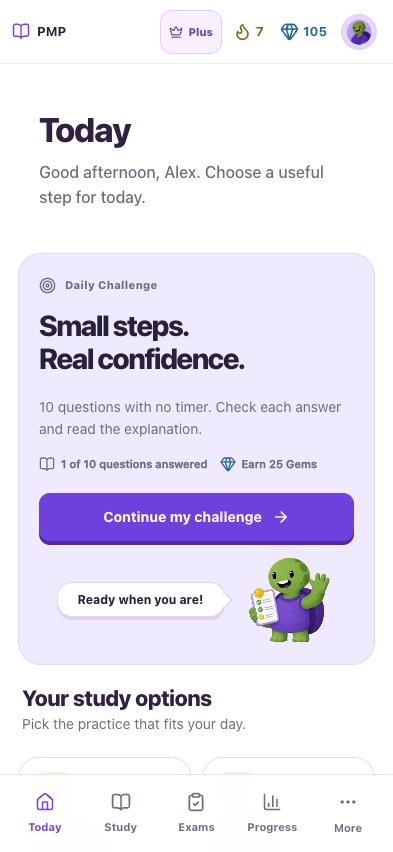 Mobile Today screen with Today, Study, Exams, Progress and More navigation