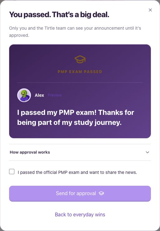 PMP pass announcement preview with confirmation checkbox and Send for approval