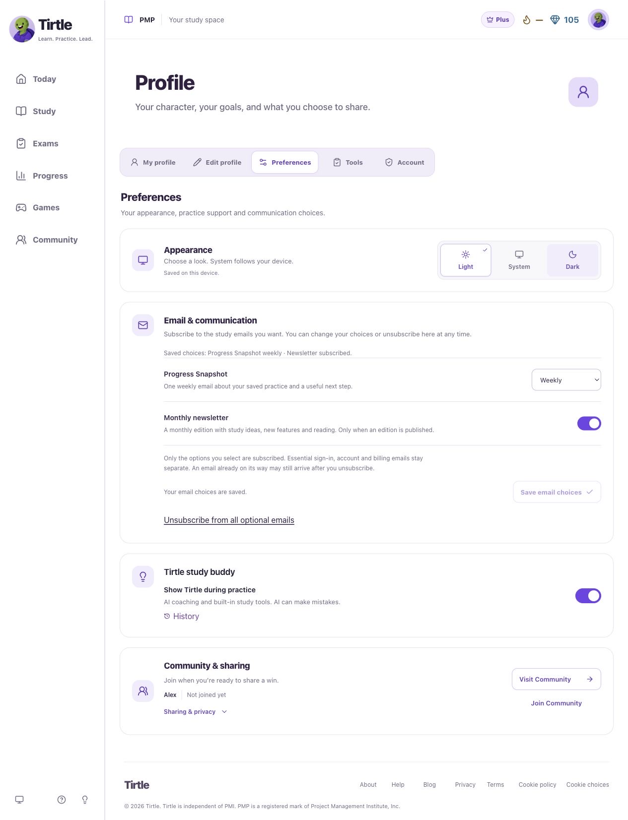 Profile Preferences with appearance and communication sections above study-support settings