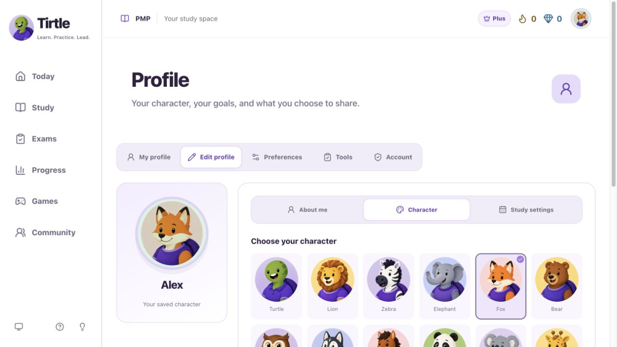 The character and backdrop choices in Profile