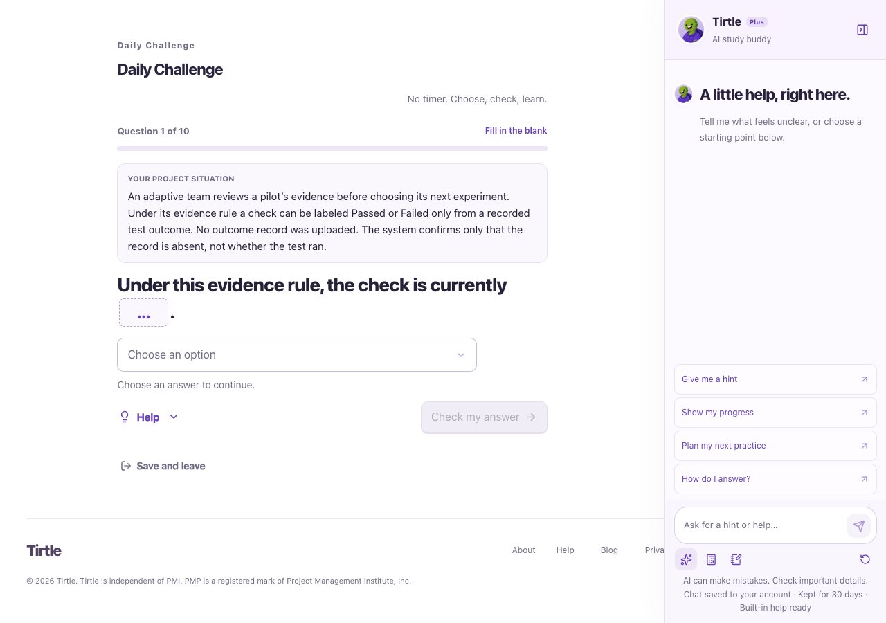 AI study buddy pane beside an active question with suggestions and message field